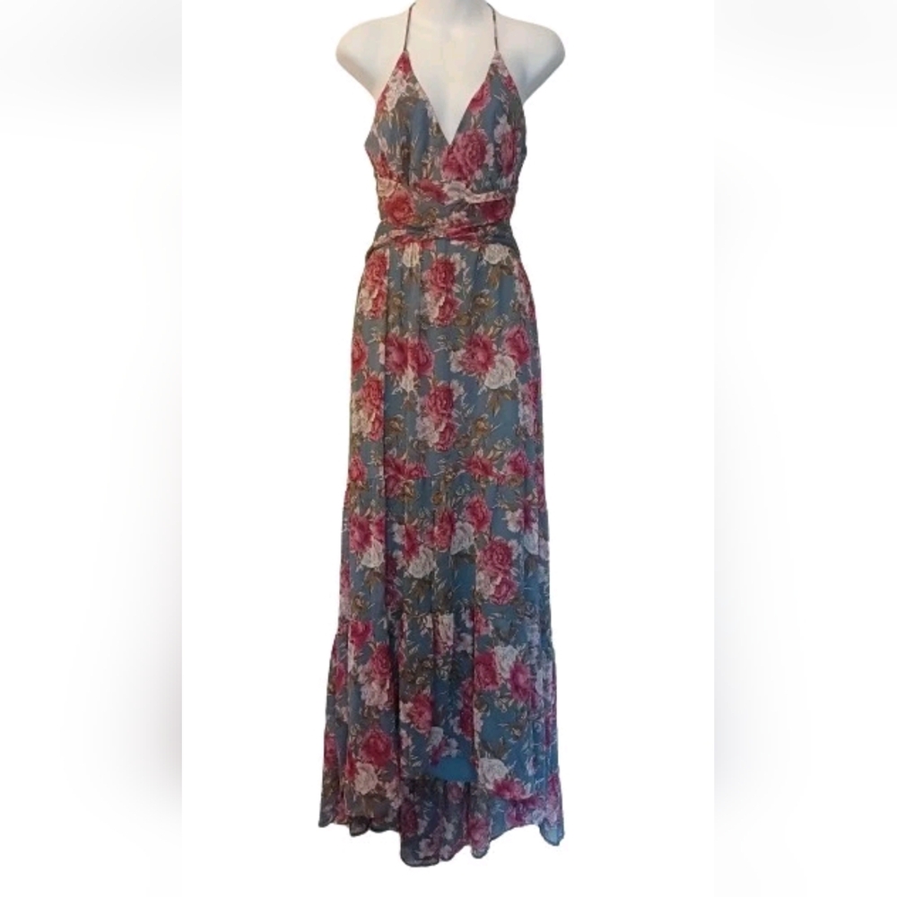 Astr Blue Floral Maxi Dress with Pink Roses - Picture 3 of 8
